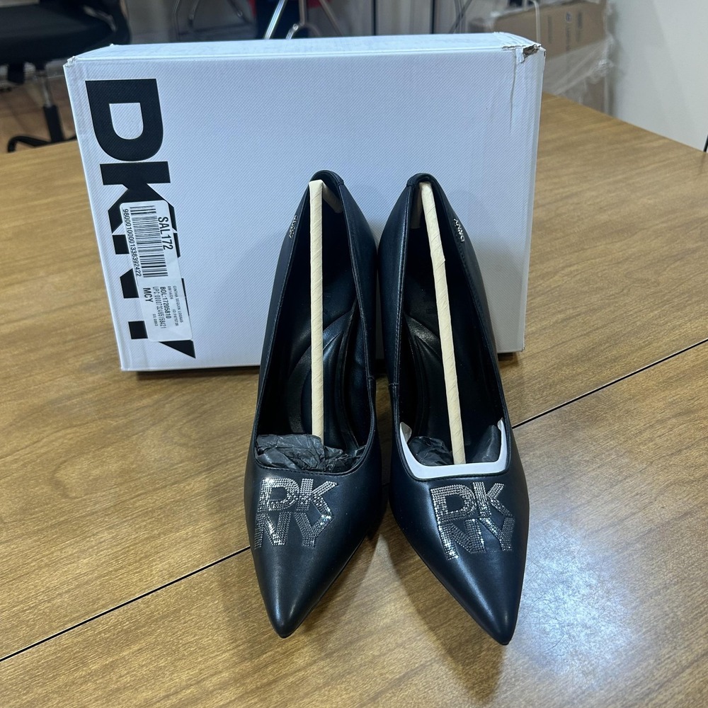 DKNY Shoes Womens Size 8 Black Cintha Sequin Logo Pointed Toe Pumps Heels NIB